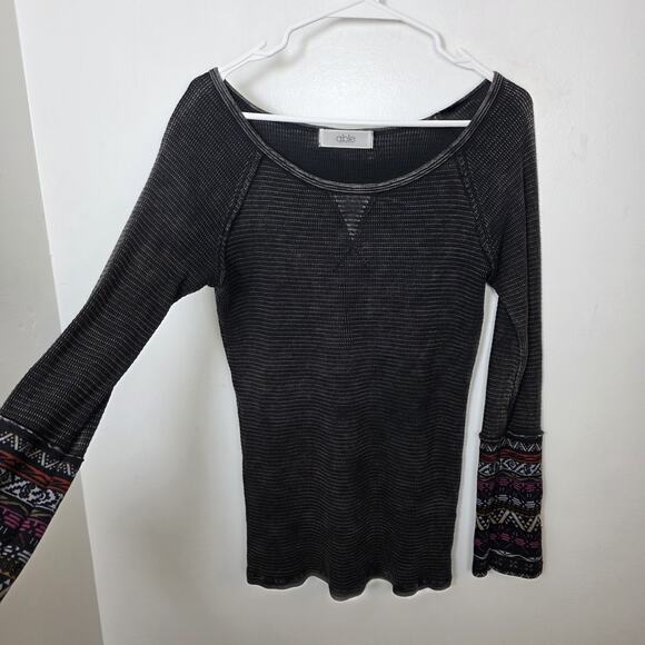 Able Black Thermal Aztec Multicolor Cuff Grunge Casual Sweater Shirt Size Medium - Picture 2 of 8